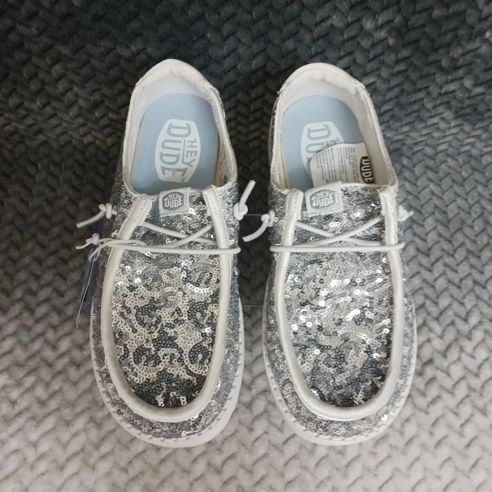 Hey Dude Wendy Sequin Cream Silver Women's Slip-On Comfort Sneakers Shoes Size 5
